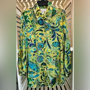 Soft Surroundings sheer green/turquoise paisley long blouse/tunic, size SM